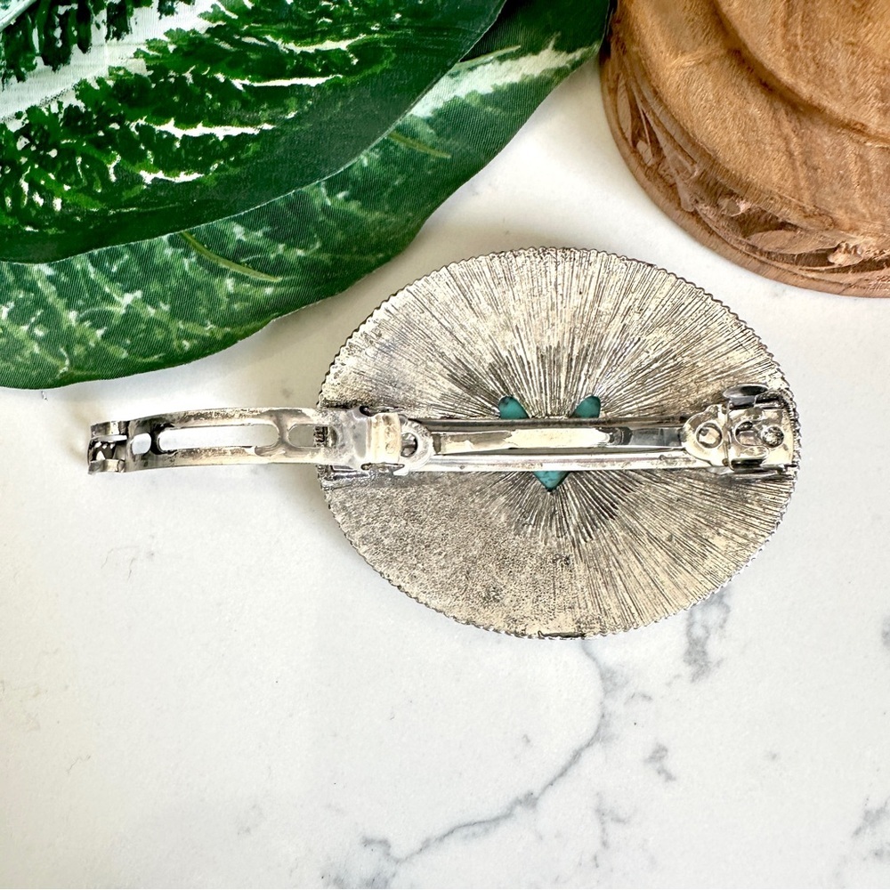 2/$30🌵 Turquoise Stone Heart Oval Metal Barrette Western Rodeo Hair Accessory - Picture 9 of 10